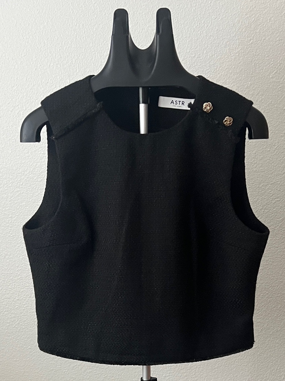 ASTR the Label Black Tweed Asymmetrical Gold Color Button Crop Top M